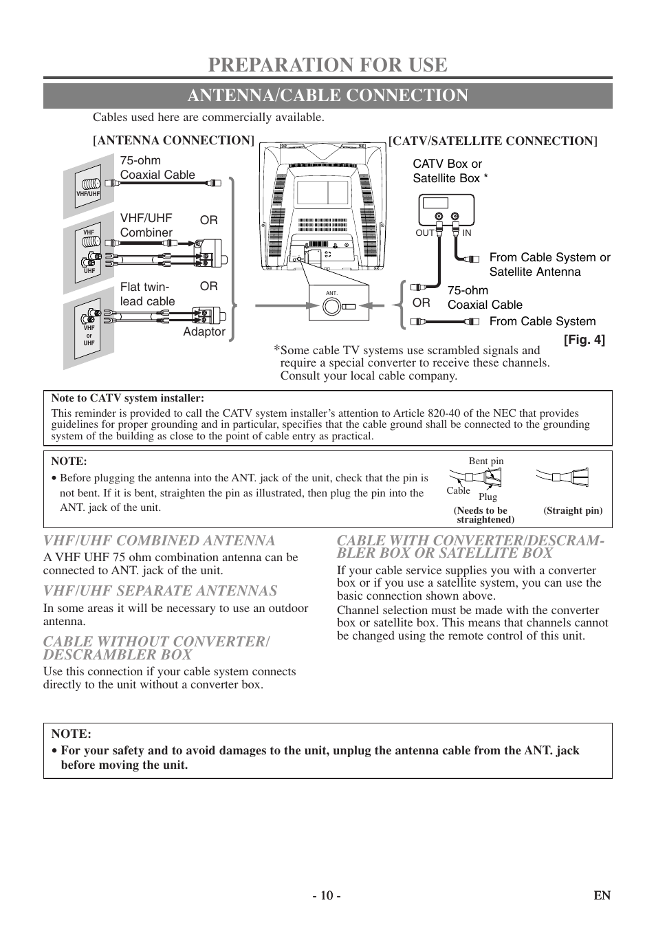 Preparation for use, Antenna/cable connection, Vhf/uhf combined antenna | Vhf/uhf separate antennas, Cable without converter/ descrambler box | Sylvania 6520FDF User Manual | Page 10 / 40