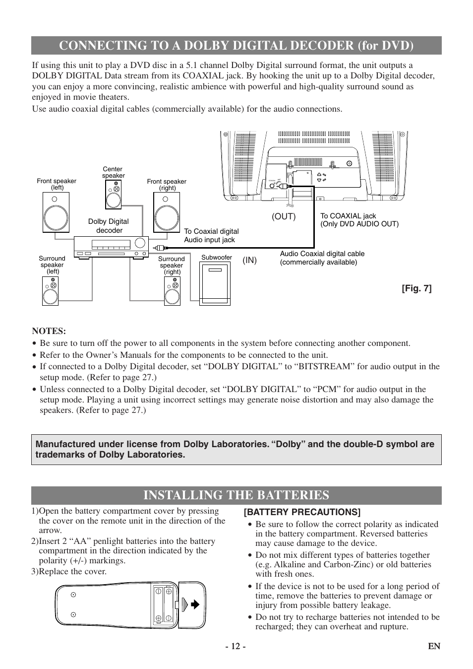 Connecting to a dolby digital decoder (for dvd), Installing the batteries | Sylvania 6520FDF User Manual | Page 12 / 40