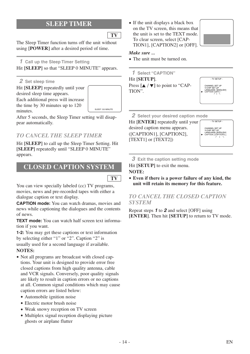 Closed caption system, Sleep timer | Sylvania 6520FDF User Manual | Page 14 / 40