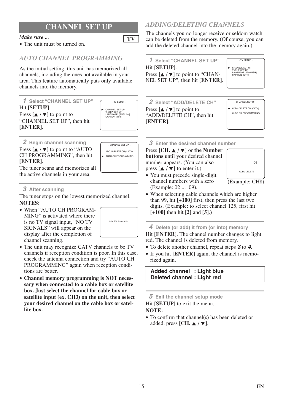 Channel set up, Auto channel programming, Adding/deleting channels | Sylvania 6520FDF User Manual | Page 15 / 40