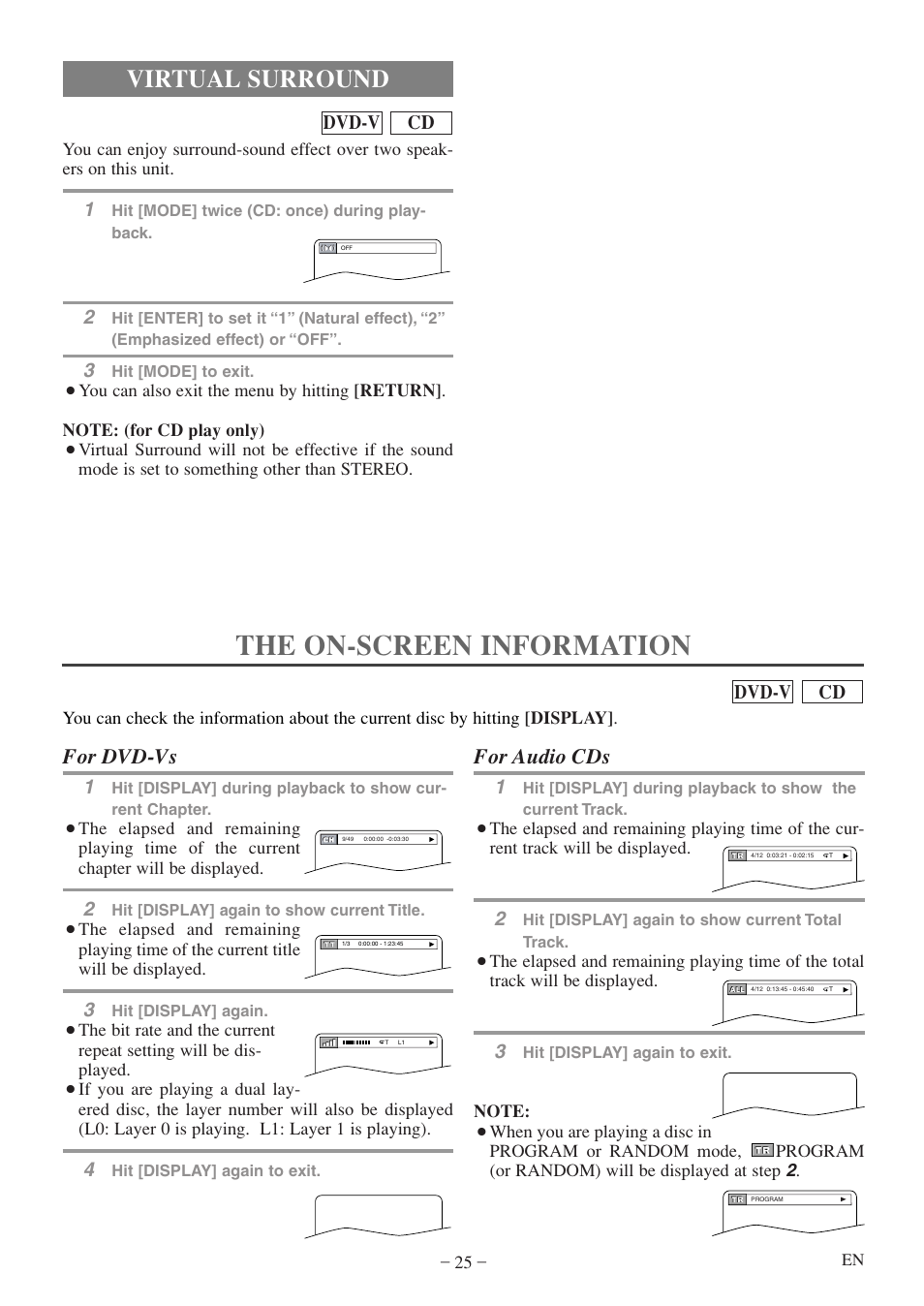 The on-screen information, Virtual surround, For audio cds | For dvd-vs, Cd dvd-v | Sylvania 6520FDF User Manual | Page 25 / 40