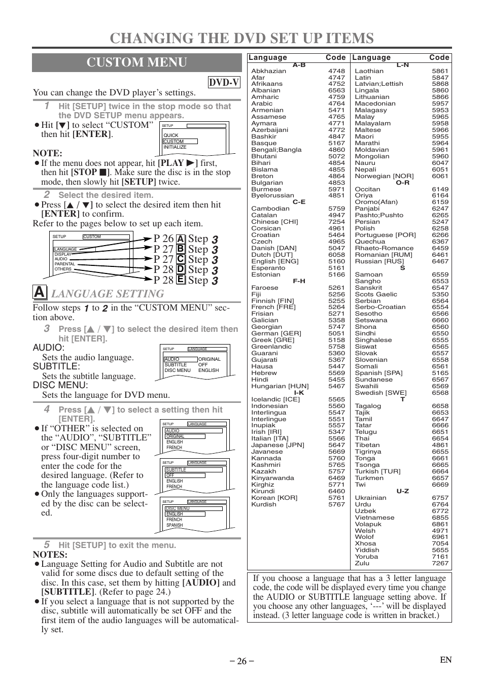 Changing the dvd set up items, Custom menu, Language setting | Dvd-v, You can change the dvd player’s settings, Ab c d e, Select the desired item, Press, Hit [setup] to exit the menu | Sylvania 6520FDF User Manual | Page 26 / 40