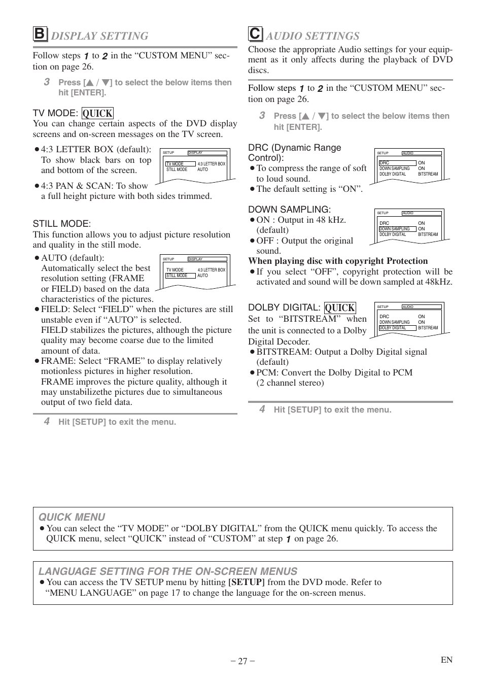 Audio settings, Display setting, Quick | Language setting for the on-screen menus, Quick menu | Sylvania 6520FDF User Manual | Page 27 / 40