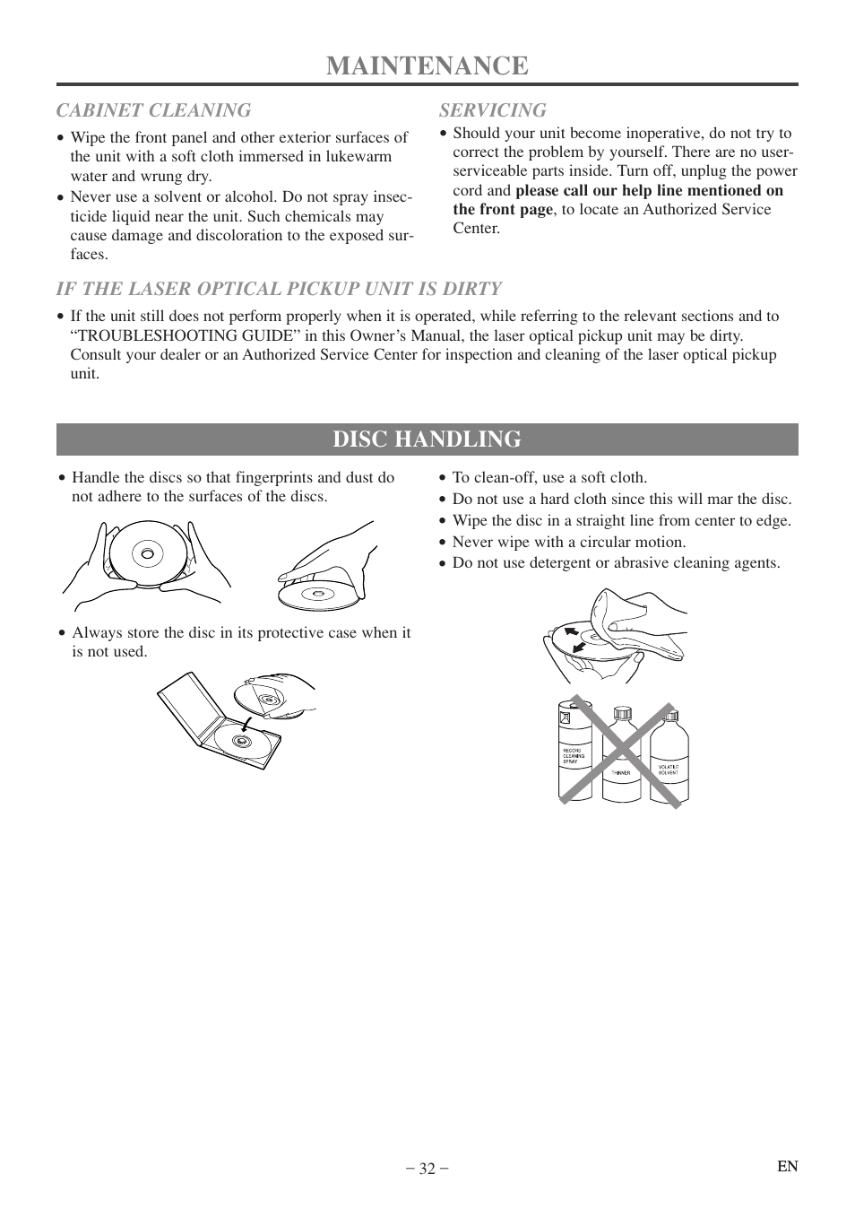 Maintenance, Disc handling | Sylvania 6520FDF User Manual | Page 32 / 40