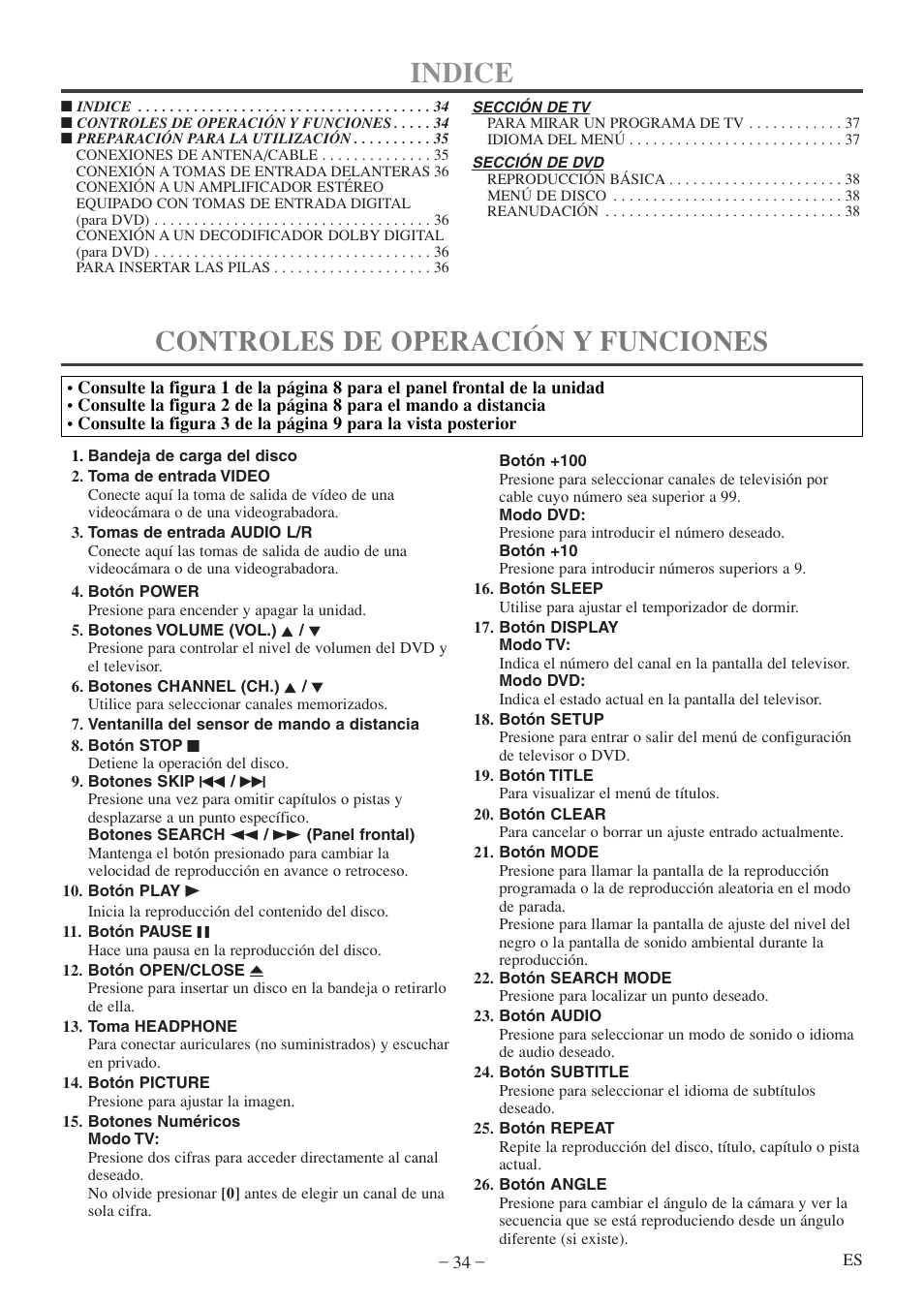 Indice, Controles de operación y funciones | Sylvania 6520FDF User Manual | Page 34 / 40