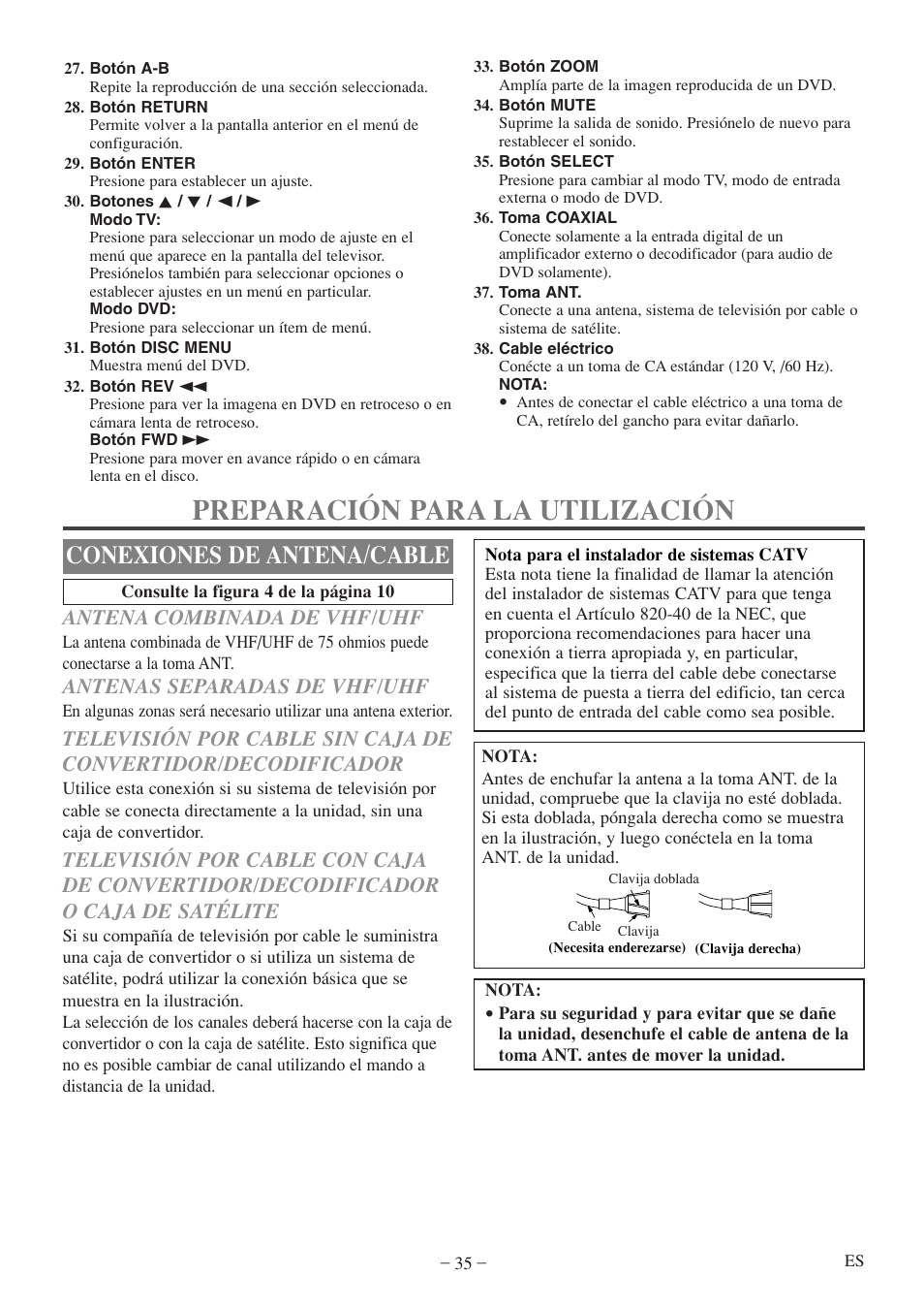 Preparación para la utilización, Conexiones de antena/cable, Antena combinada de vhf/uhf | Antenas separadas de vhf/uhf | Sylvania 6520FDF User Manual | Page 35 / 40