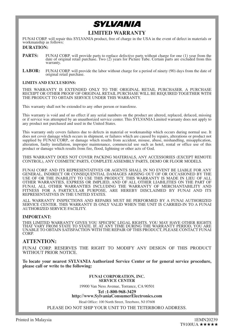 Limited warranty, Attention | Sylvania 6520FDF User Manual | Page 40 / 40