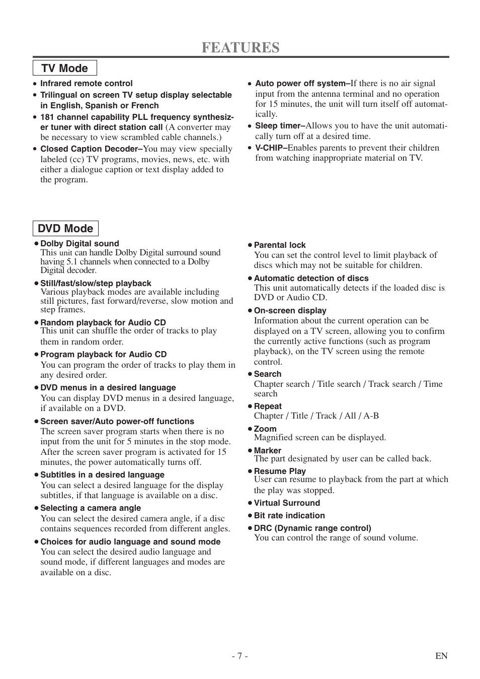 Features, Tv mode, Dvd mode | Sylvania 6520FDF User Manual | Page 7 / 40