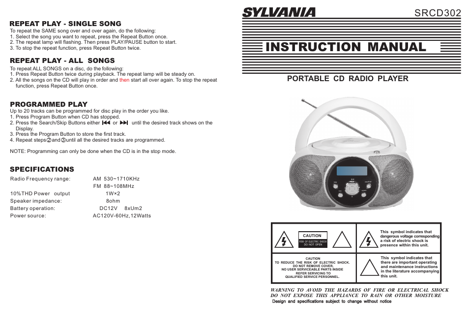 Sylvania SRCD302 User Manual | 3 pages