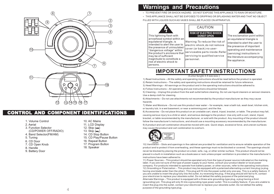 页面 2, Warnings and precautions, Important safety instructions | Control and component identifications | Sylvania SRCD302 User Manual | Page 2 / 3