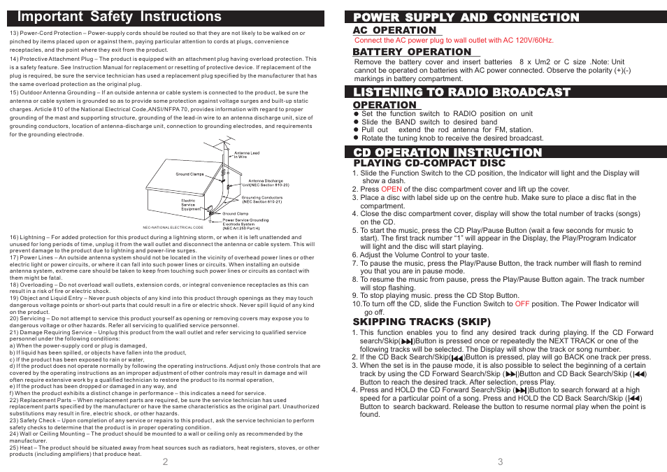 页面 3, Important safety instructions, Power supply and connection | Listening to radio broadcast, Cd operation instruction | Sylvania SRCD302 User Manual | Page 3 / 3