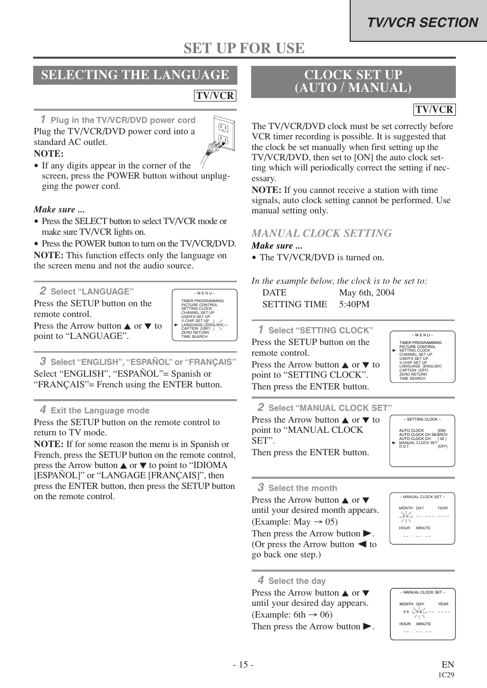 Set up for use, Selecting the language, Clock set up (auto / manual) | Manual clock setting, Tv/vcr | Sylvania 6719DES User Manual | Page 15 / 56