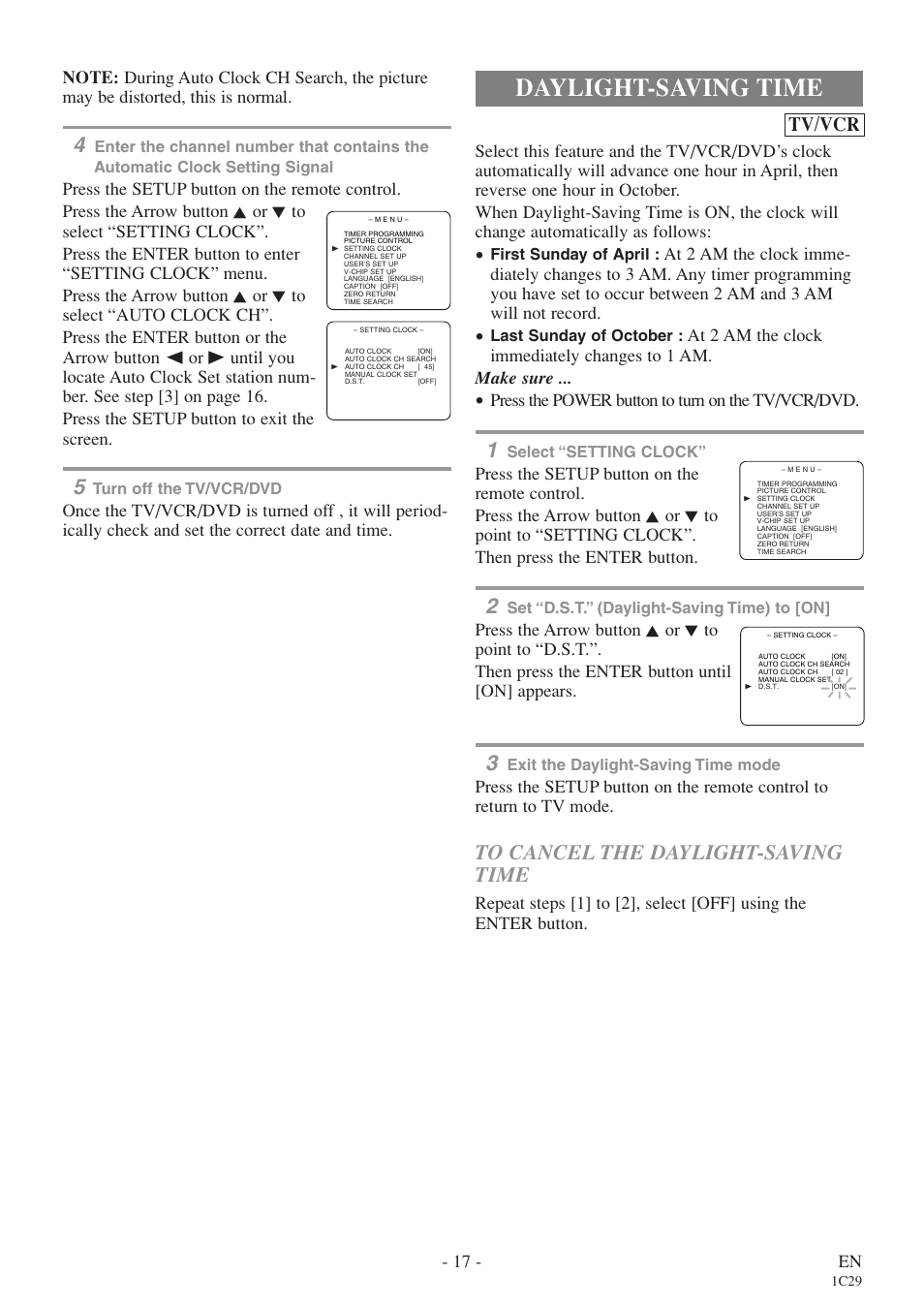 Daylight-saving time, Tv/vcr, 17 - en | Press the power button to turn on the tv/vcr/dvd | Sylvania 6719DES User Manual | Page 17 / 56