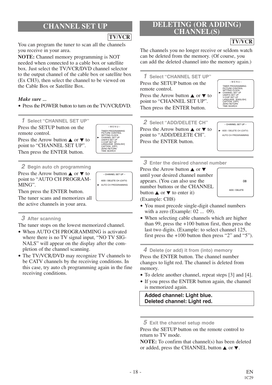 Channel set up, Deleting (or adding) channel(s), Tv/vcr | Sylvania 6719DES User Manual | Page 18 / 56