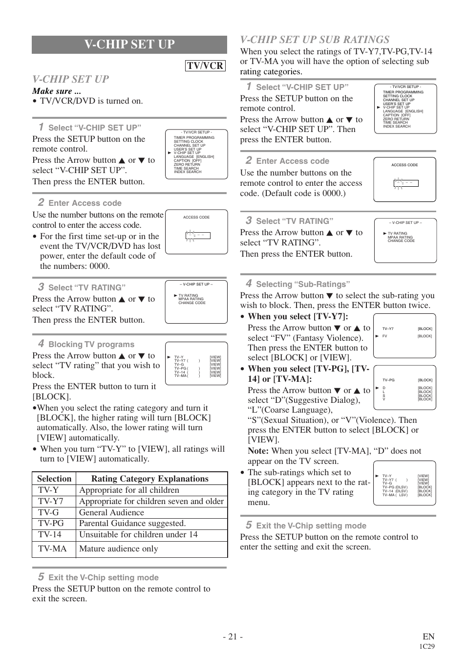 V-chip set up, V-chip set up sub ratings, Tv/vcr | 21 - en, Make sure, Tv/vcr/dvd is turned on | Sylvania 6719DES User Manual | Page 21 / 56