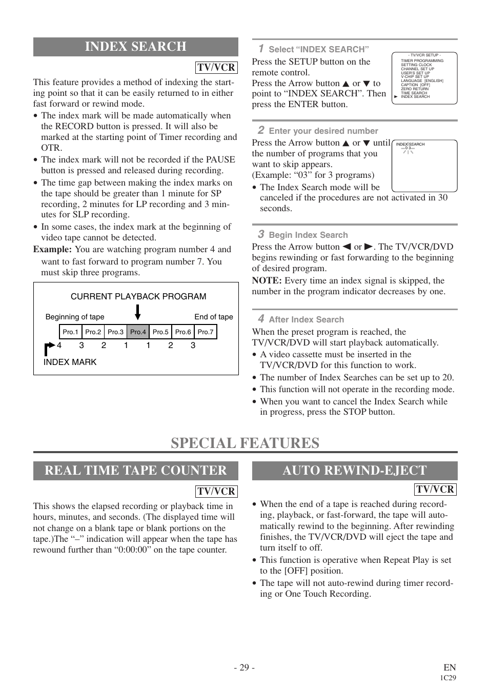 Special features, Index search, Real time tape counter | Auto rewind-eject | Sylvania 6719DES User Manual | Page 29 / 56