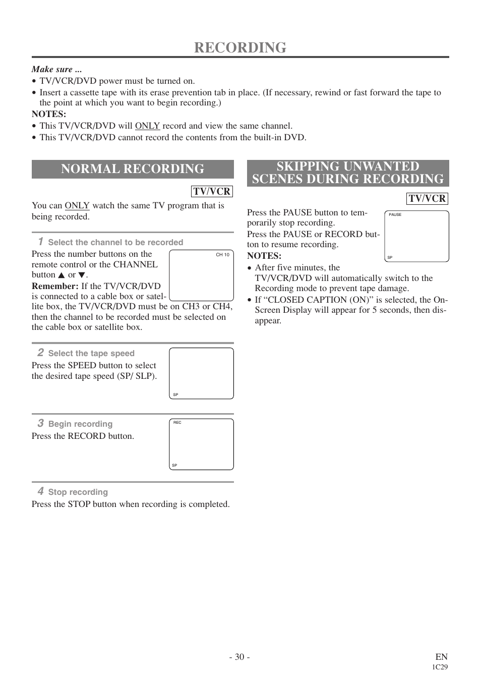 Recording, Normal recording, Skipping unwanted scenes during recording | Sylvania 6719DES User Manual | Page 30 / 56
