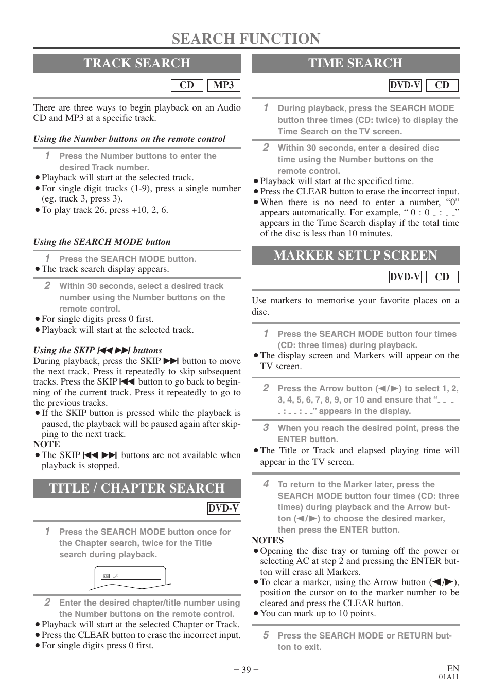 Search function, Track search, Title / chapter search | Time search, Marker setup screen | Sylvania 6719DES User Manual | Page 39 / 56