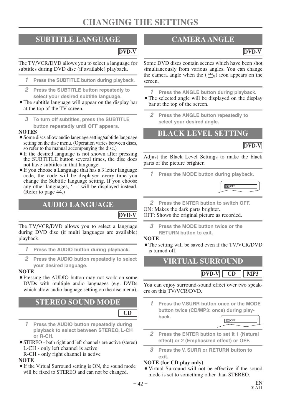 Changing the settings, Audio language, Stereo sound mode | Subtitle language camera angle, Black level setting, Virtual surround | Sylvania 6719DES User Manual | Page 42 / 56
