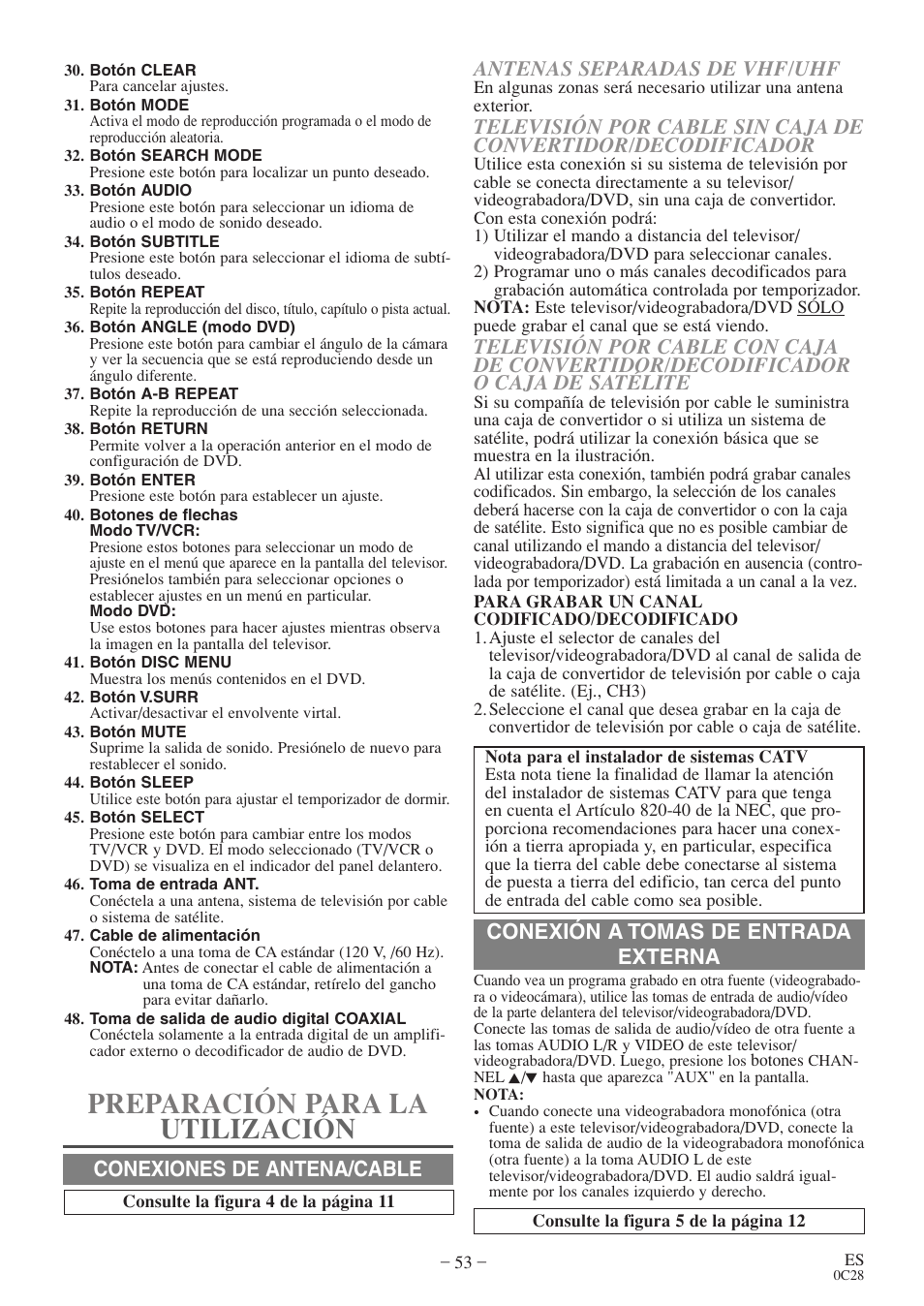 Preparación para la utilización, Conexión a tomas de entrada externa | Sylvania 6719DES User Manual | Page 53 / 56