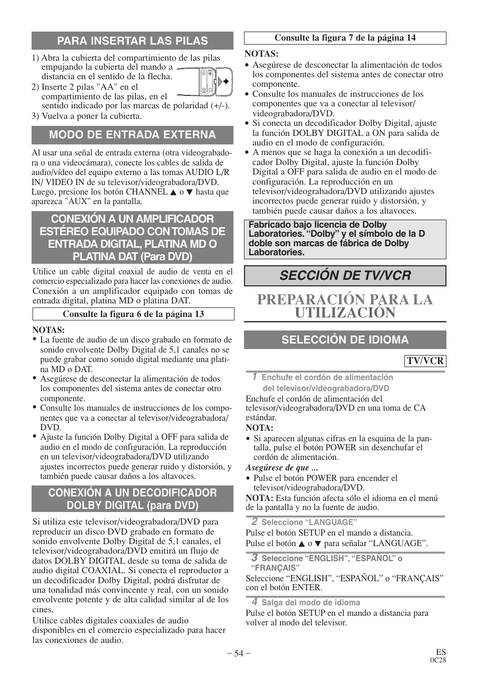 Preparación para la utilización, Sección de tv/vcr | Sylvania 6719DES User Manual | Page 54 / 56