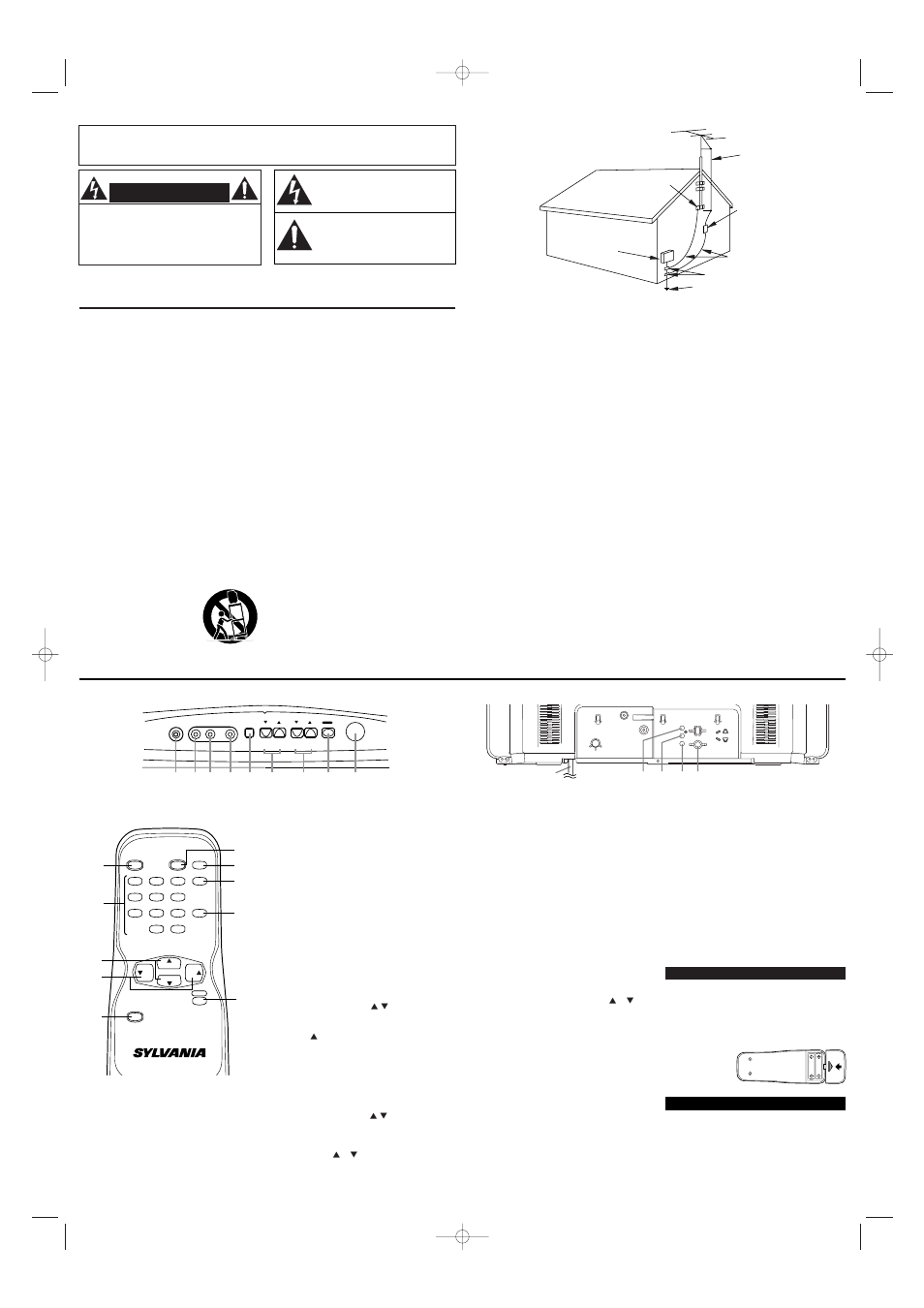 Importante para su seguridad, Controles de operación y sus funciones, Advertencia | Control remoto, Instalacion de las pilas, Modo de entrada externa | Sylvania SRT2227X User Manual | Page 6 / 8