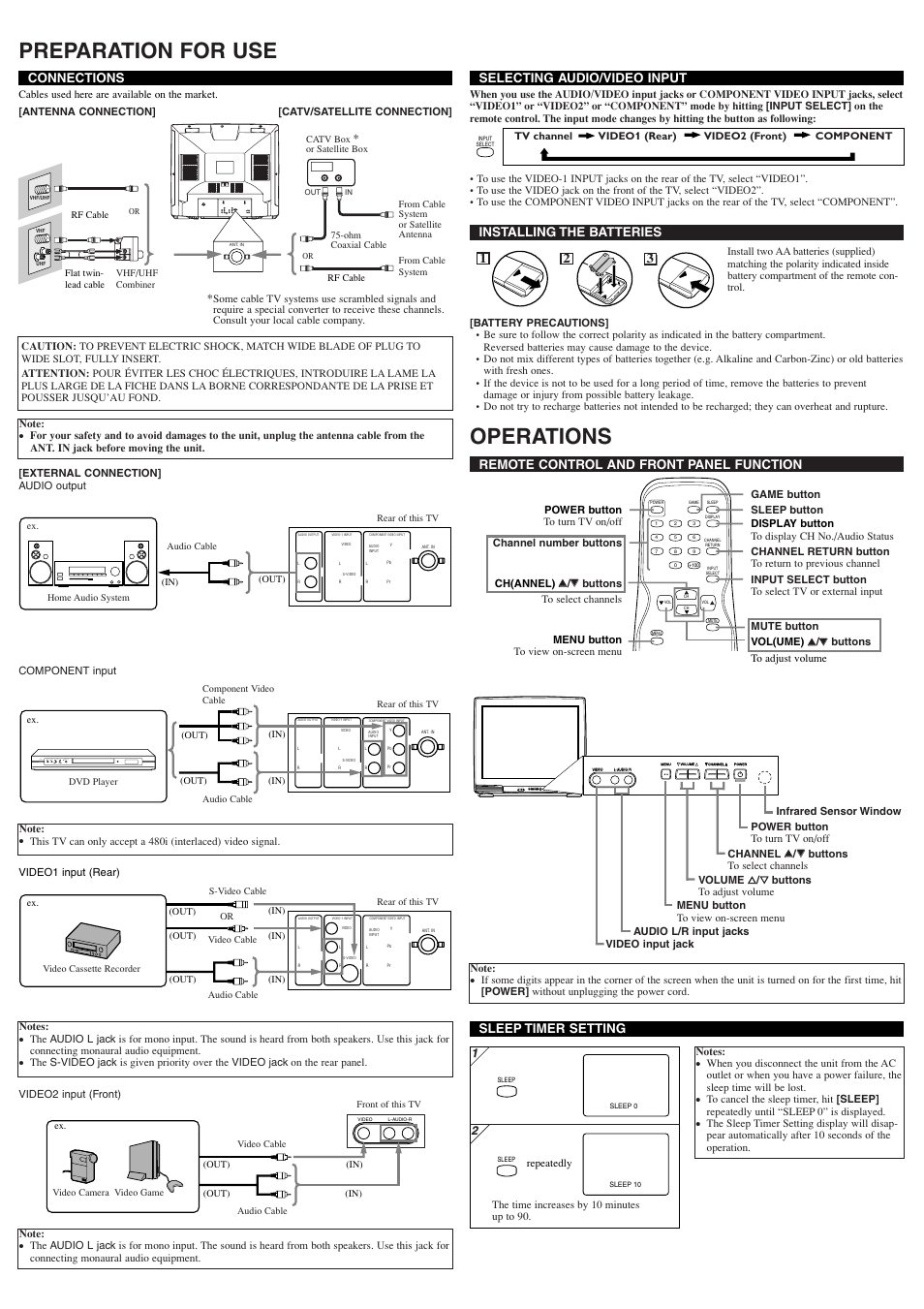 Preparation for use, Operations, Power play stop skip open/close rev fwd | Video l-audio-r menu volume channel power, Installing the batteries, 21 3 connections, Selecting audio/video input, Sleep timer setting, Remote control and front panel function | Sylvania 6432TFY User Manual | Page 2 / 8
