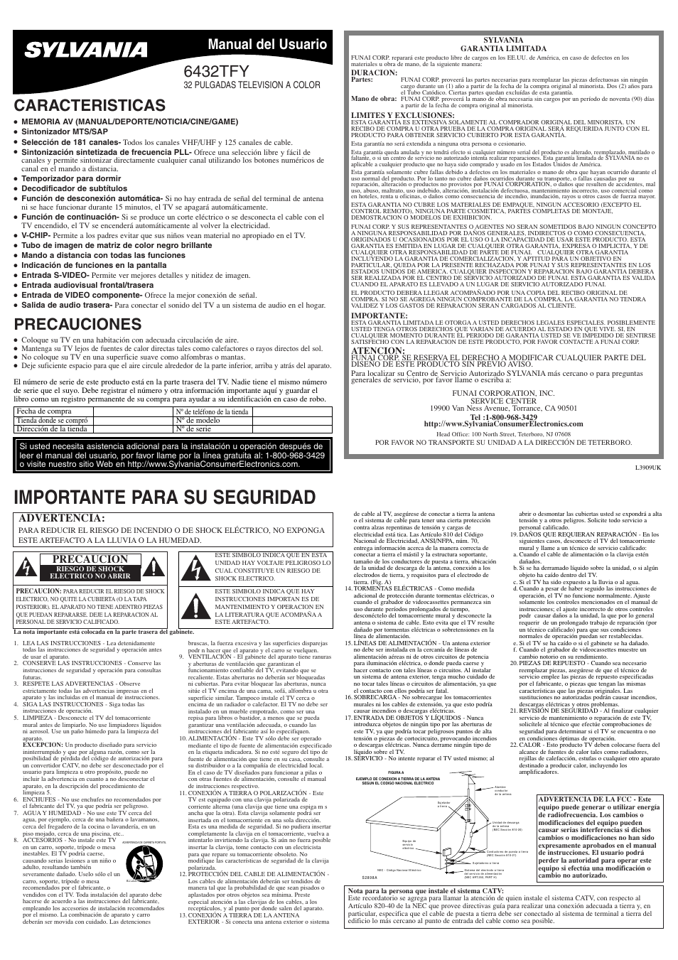 Importante para su seguridad, Caracteristicas, 6432tfy | Precauciones, Manual del usuario, Advertencia, Precaucion, 32 pulgadas television a color, Atencion | Sylvania 6432TFY User Manual | Page 5 / 8