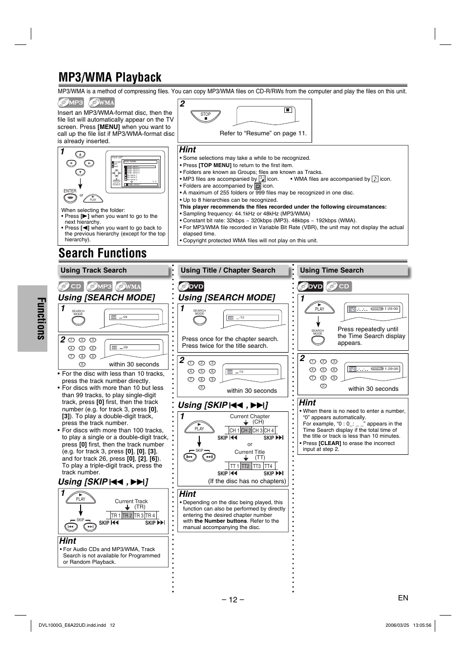 Search functions, Mp3/wma playback, Functions | Using [search mode, Using [search mode] 1 2, Using [skip, Hint, Using time search, Using track search, Using title / chapter search | Sylvania DVL1000G User Manual | Page 12 / 24