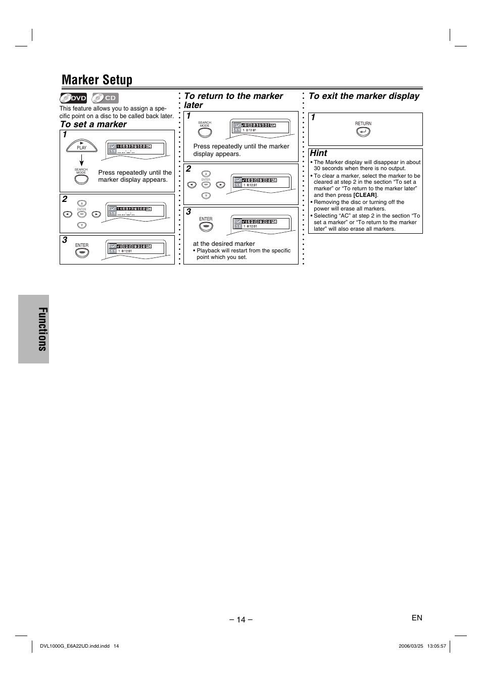 Marker setup, Functions, Hint | Sylvania DVL1000G User Manual | Page 14 / 24