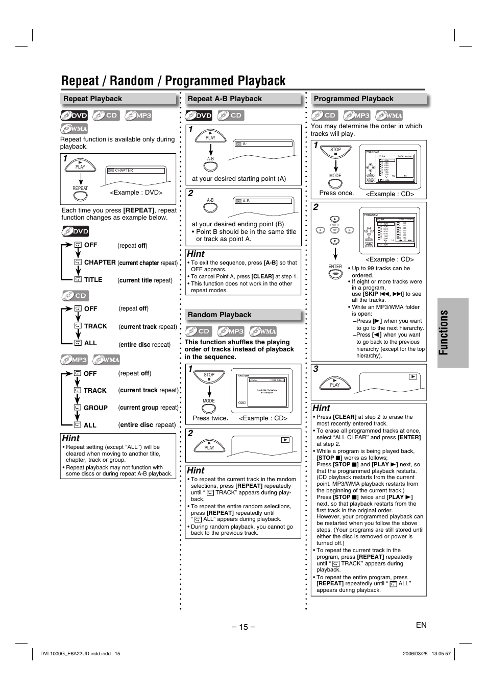 Repeat / random / programmed playback, Functions, Hint | Sylvania DVL1000G User Manual | Page 15 / 24