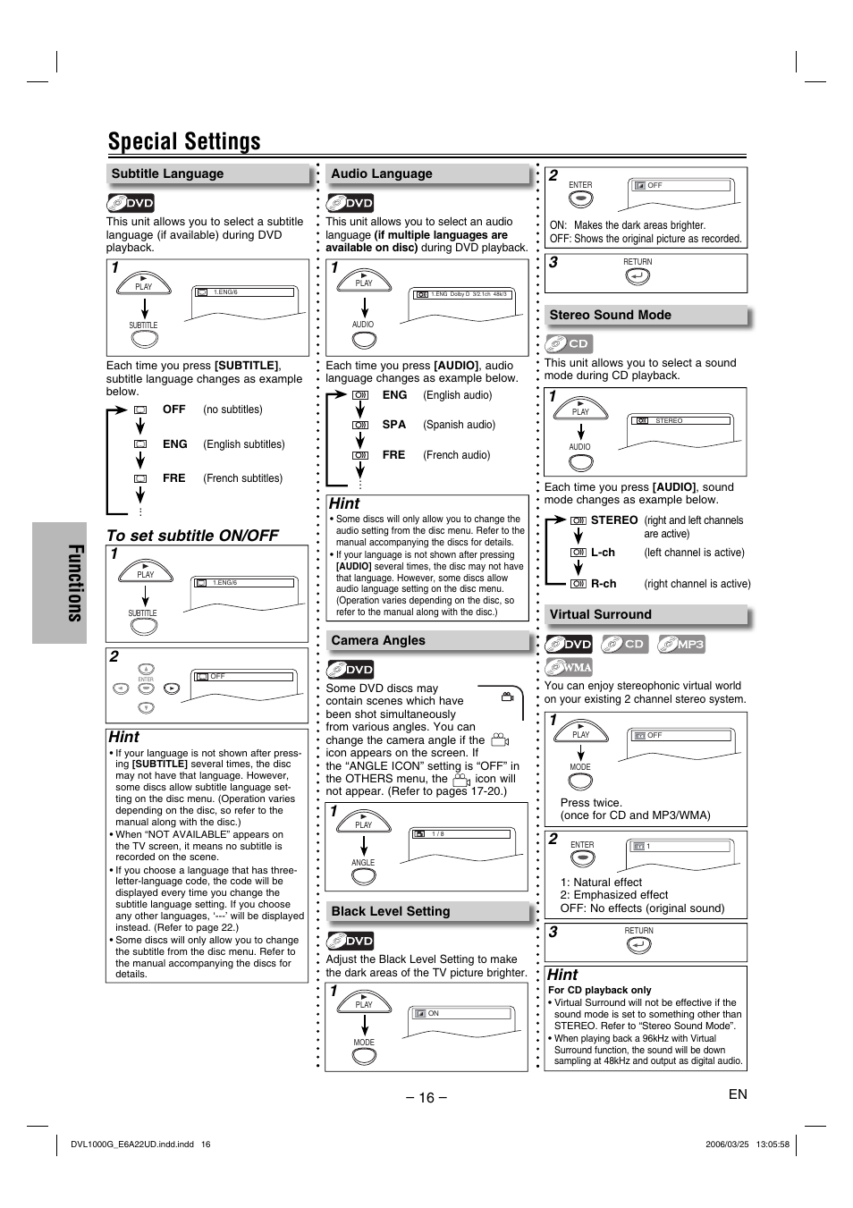Special settings, Functions, Hint | Sylvania DVL1000G User Manual | Page 16 / 24