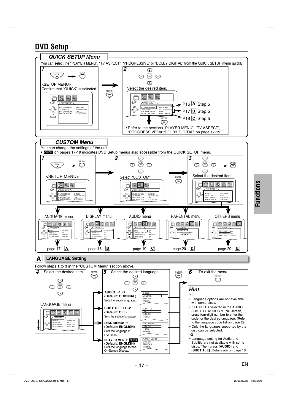 Dvd setup, Functions, Custom menu | Hint, Quick setup menu, Language setting, Language menu audio menu display menu others menu, Language menu, Step 5 p17, Step 5 p18 | Sylvania DVL1000G User Manual | Page 17 / 24