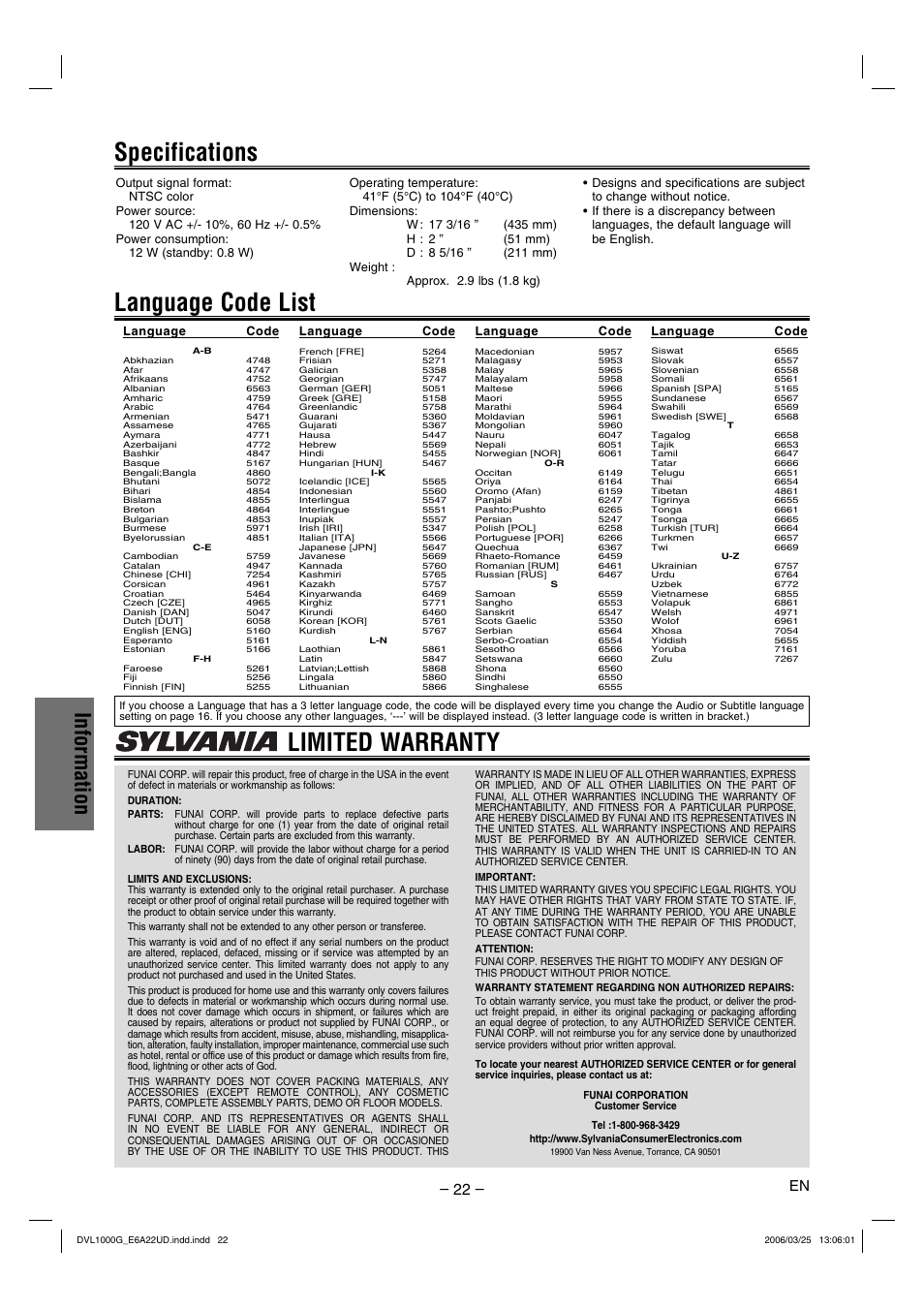 Language code list, Specifications, Limited warranty | Information | Sylvania DVL1000G User Manual | Page 22 / 24