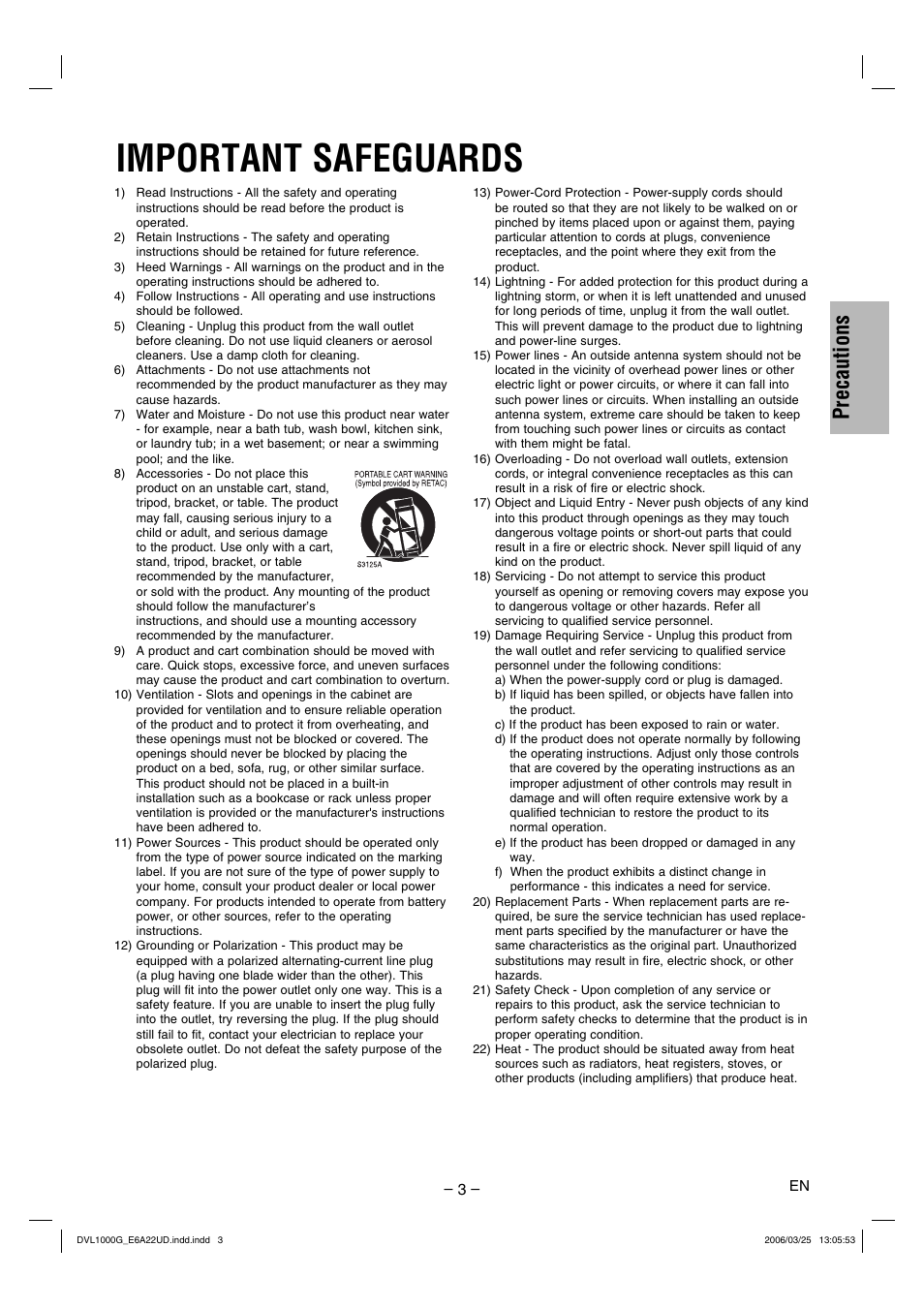 Important safeguards, Precautions | Sylvania DVL1000G User Manual | Page 3 / 24