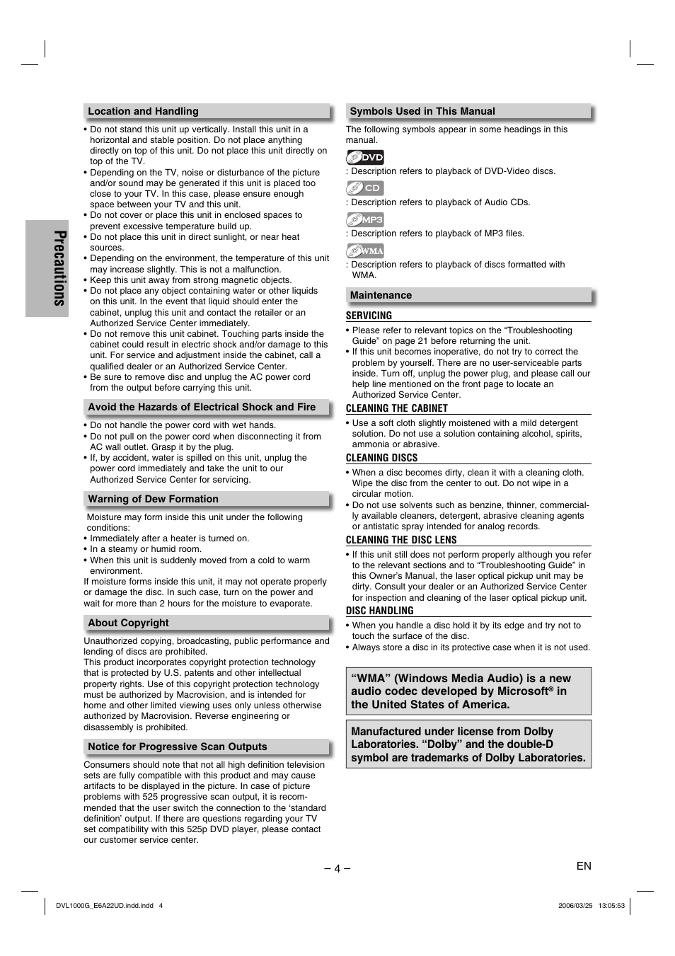 Precautions | Sylvania DVL1000G User Manual | Page 4 / 24