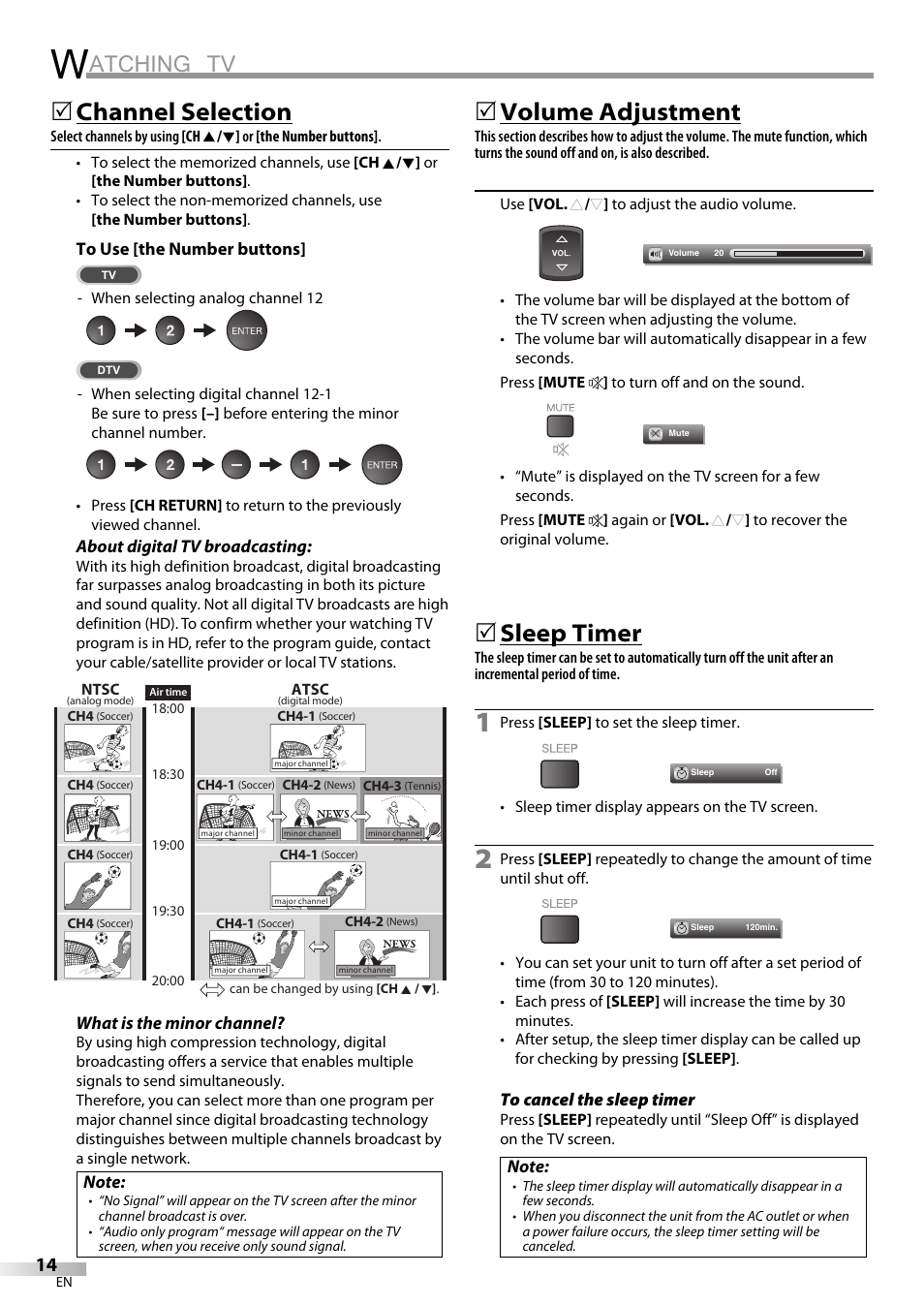 Atching tv, Channel selection, Volume adjustment | Sleep timer | Sylvania LC370SS9 User Manual | Page 14 / 76
