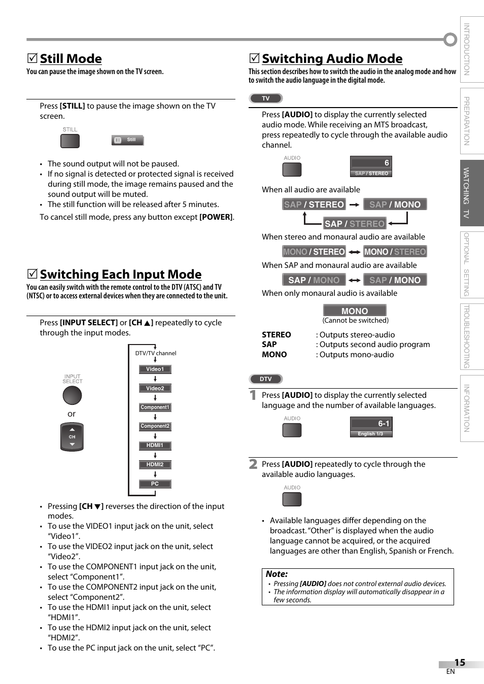 Still mode, Switching each input mode, Switching audio mode | Introduction preparation watching tv, Troubleshooting information | Sylvania LC370SS9 User Manual | Page 15 / 76