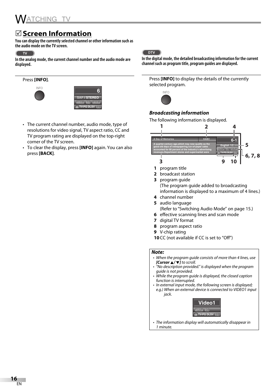 Atching tv, Screen information, Broadcasting information | Video1 | Sylvania LC370SS9 User Manual | Page 16 / 76