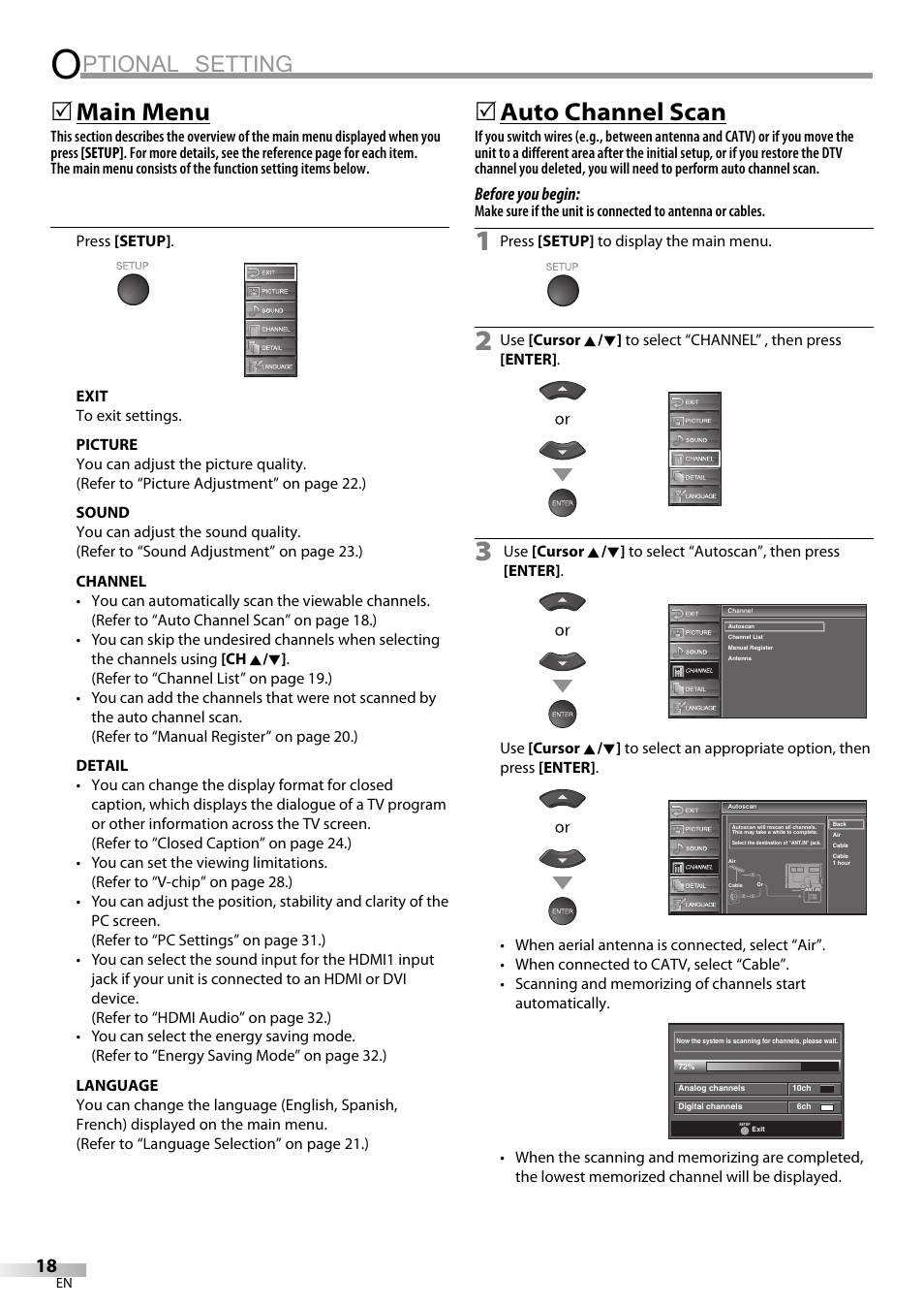 Ptional setting, Main menu, Auto channel scan | Sylvania LC370SS9 User Manual | Page 18 / 76