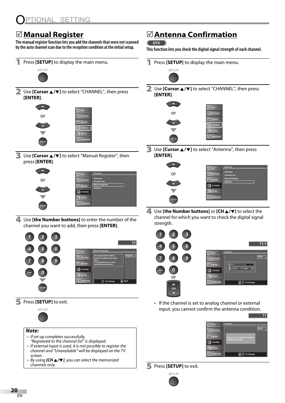Ptional setting, Manual register, 5antenna confirmation | Sylvania LC370SS9 User Manual | Page 20 / 76