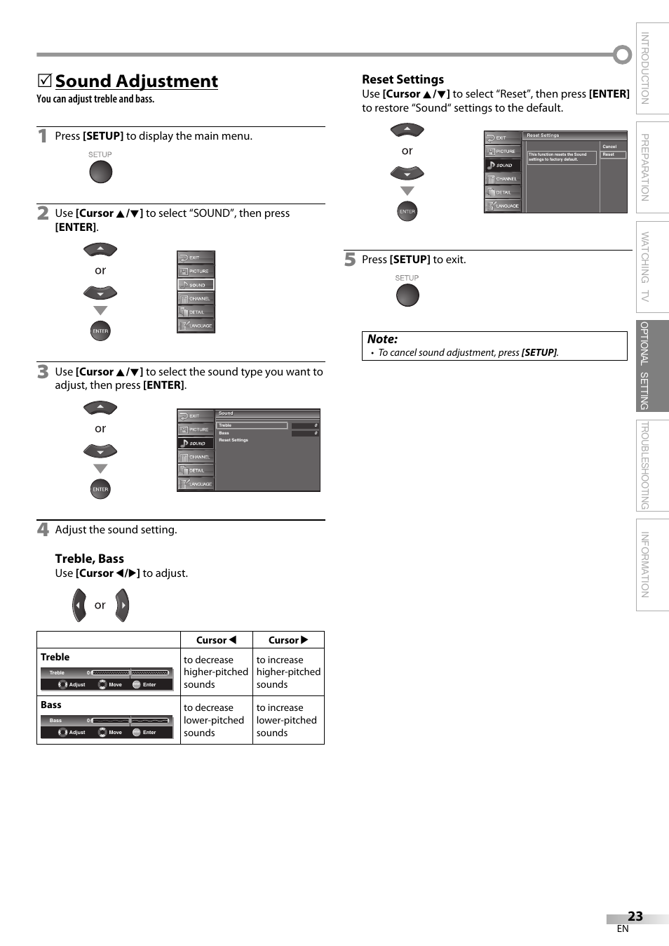 Sound adjustment, Treble, bass, Reset settings | Sylvania LC370SS9 User Manual | Page 23 / 76