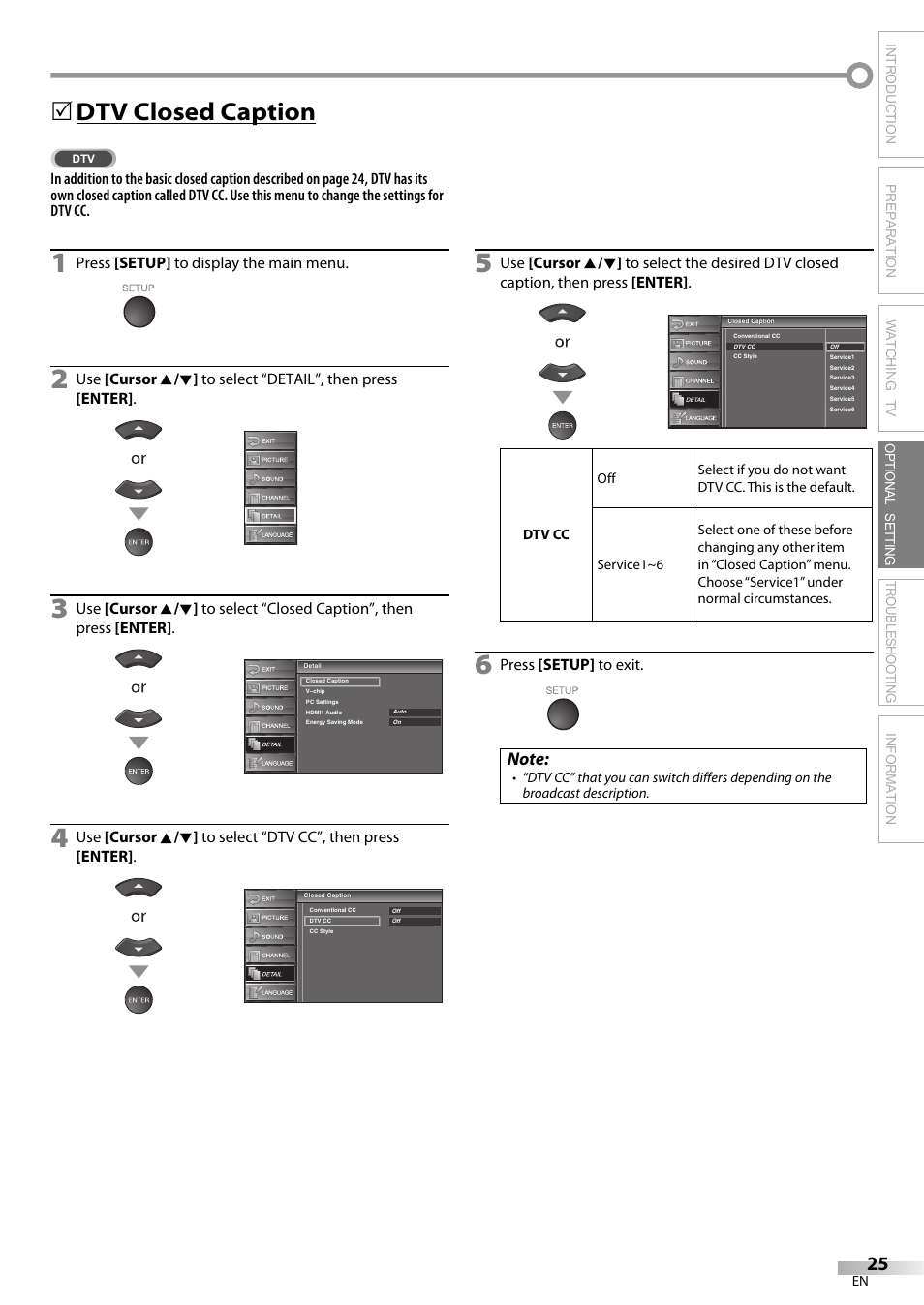 Dtv closed caption | Sylvania LC370SS9 User Manual | Page 25 / 76