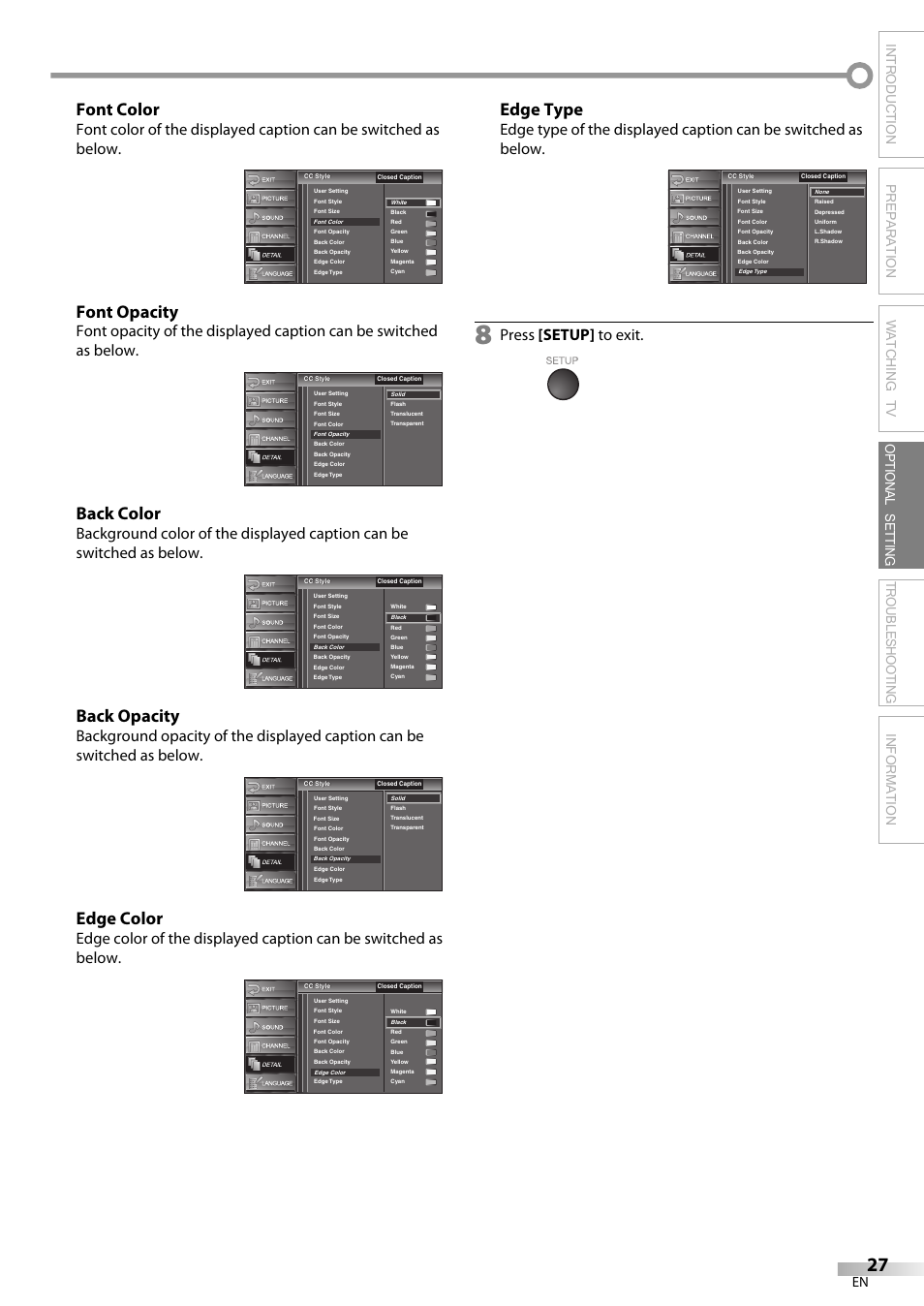 Font color, Font opacity, Back color | Back opacity, Edge color, Edge type, Press [setup] to exit | Sylvania LC370SS9 User Manual | Page 27 / 76