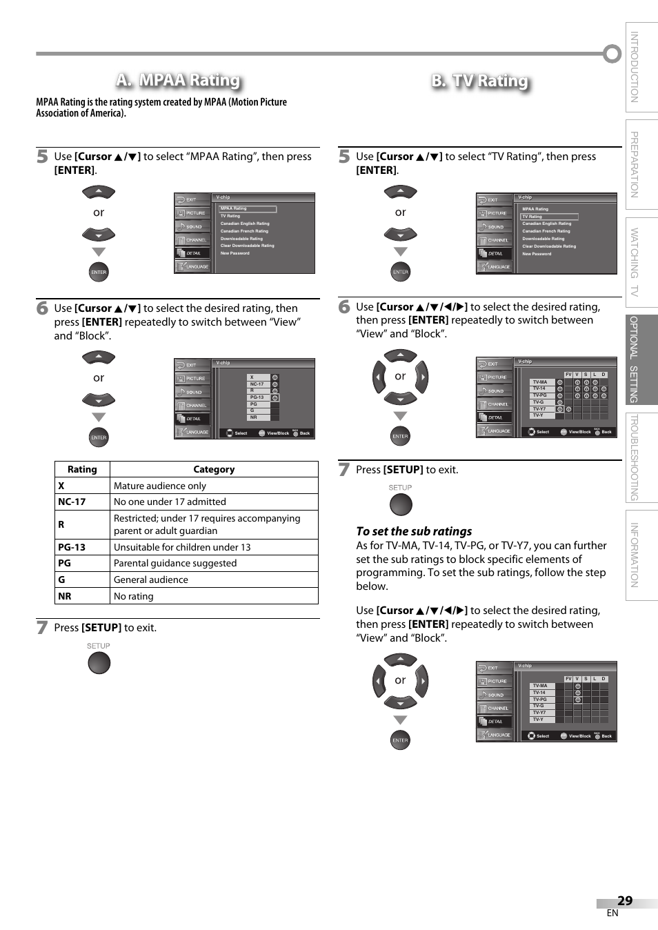 A. mpaa rating, B. tv rating, Press [setup] to exit | Sylvania LC370SS9 User Manual | Page 29 / 76