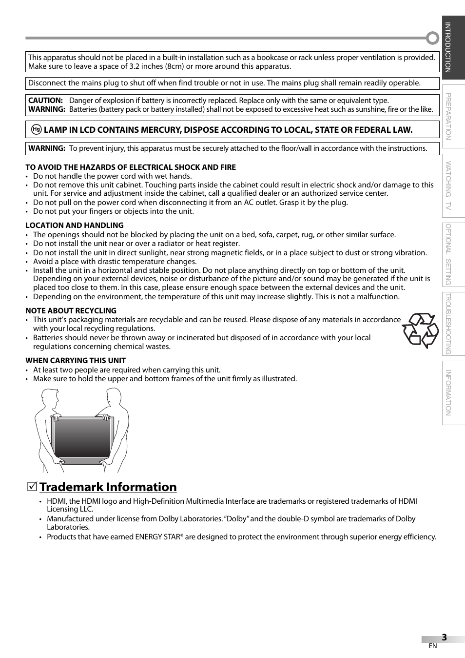 Trademark information | Sylvania LC370SS9 User Manual | Page 3 / 76