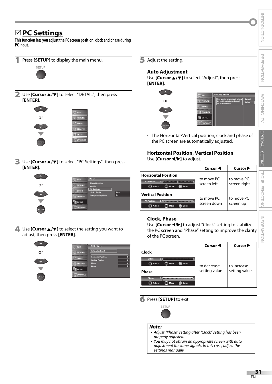 Pc settings, Auto adjustment, Horizontal position, vertical position | Clock, phase, Press [setup] to display the main menu, Adjust the setting, Use [cursor s / b ] to adjust, Press [setup] to exit | Sylvania LC370SS9 User Manual | Page 31 / 76
