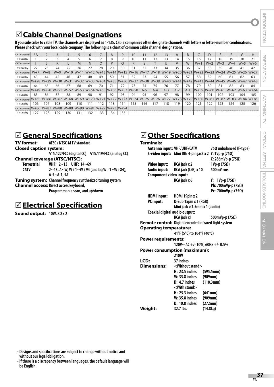 General specifications, Electrical specification, 5other specifications | Cable channel designations 5 | Sylvania LC370SS9 User Manual | Page 37 / 76