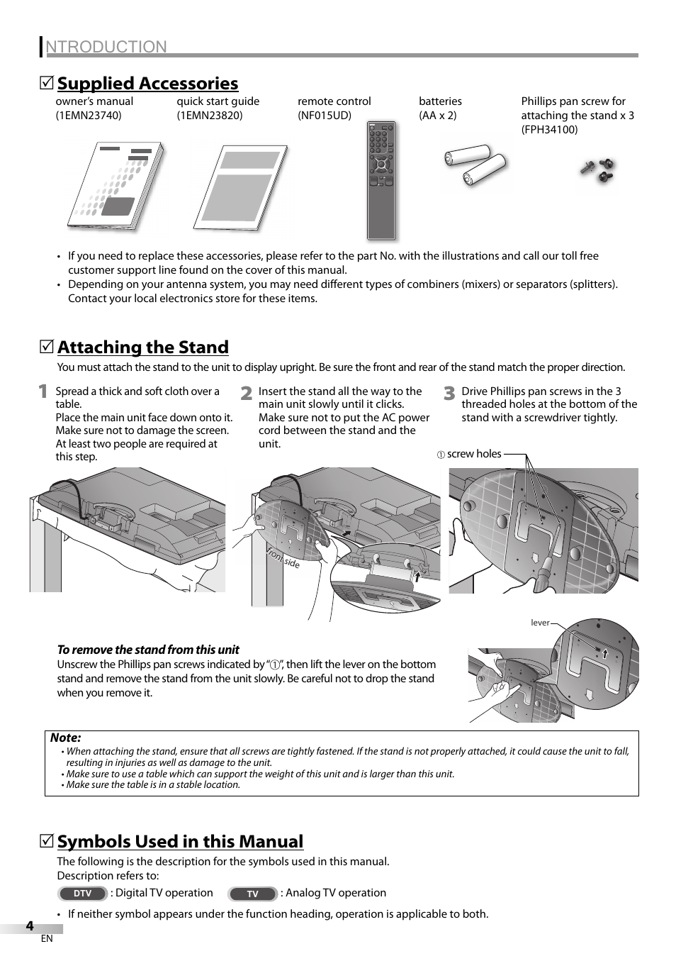 Ntroduction, Symbols used in this manual, Attaching the stand | Supplied accessories 5 | Sylvania LC370SS9 User Manual | Page 4 / 76