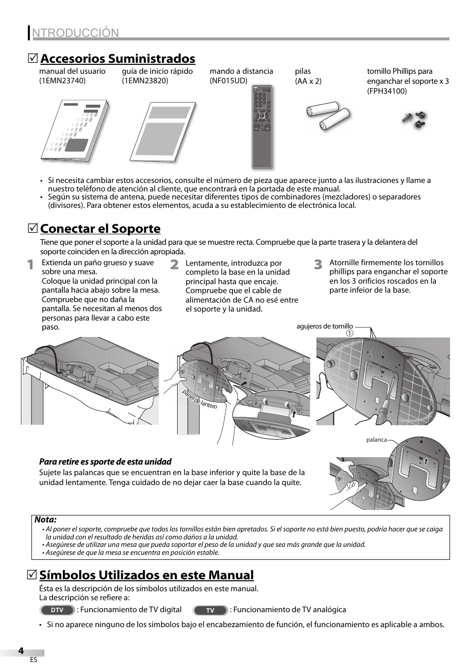 Ntroducción, Símbolos utilizados en este manual, Conectar el soporte | Accesorios suministrados 5 | Sylvania LC370SS9 User Manual | Page 42 / 76